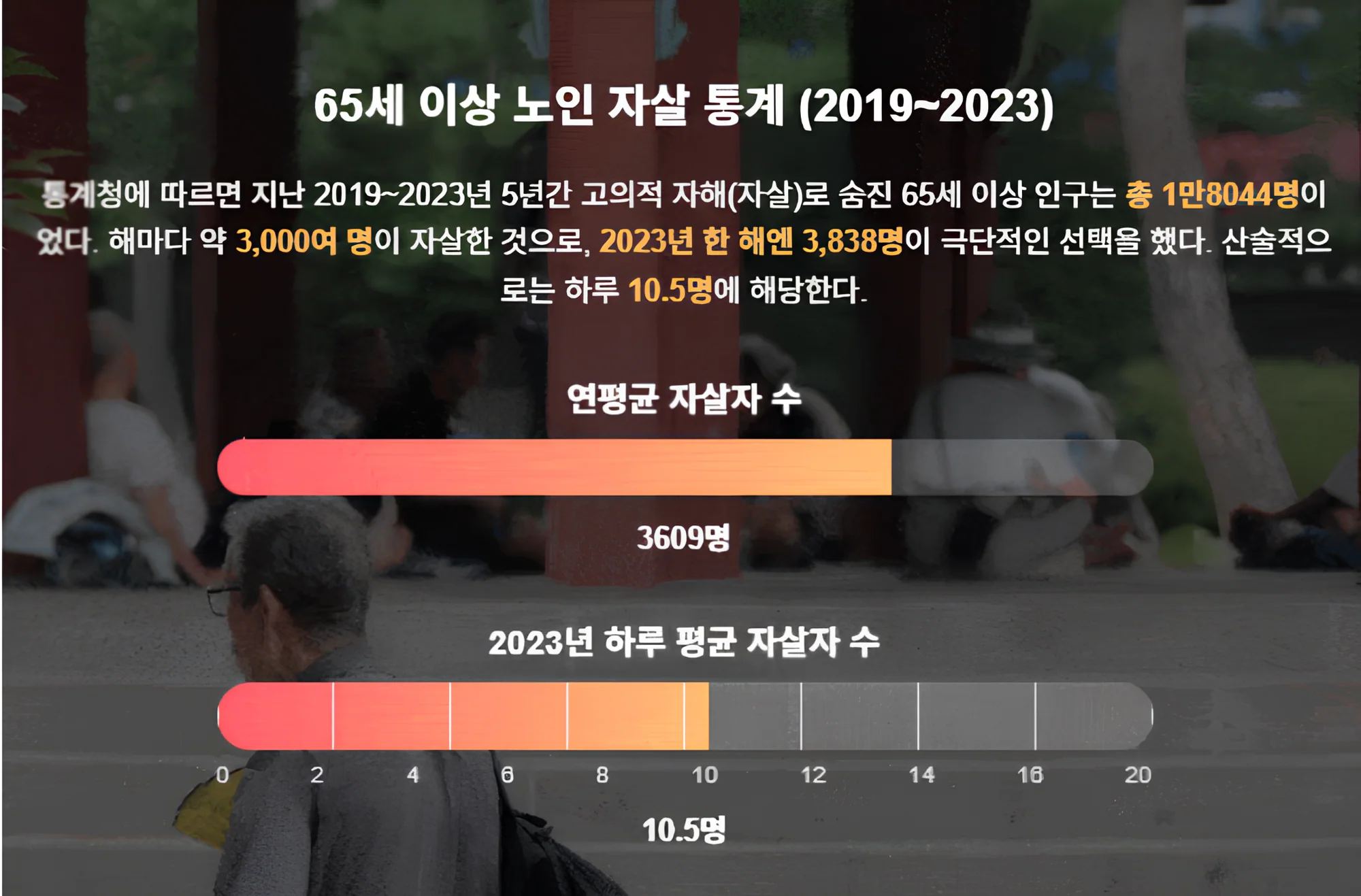 65세 이상 노인 자살 통계 2019–2023: 연평균 3,609명, 2023년 하루 평균 10.5명