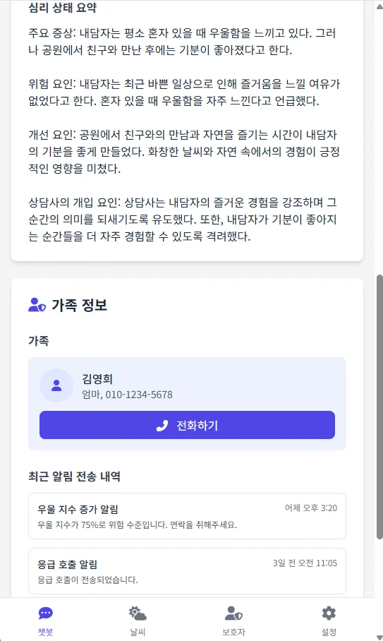 NeuroCare 보호자 모드의 가족 정보와 심리 상태 요약 화면