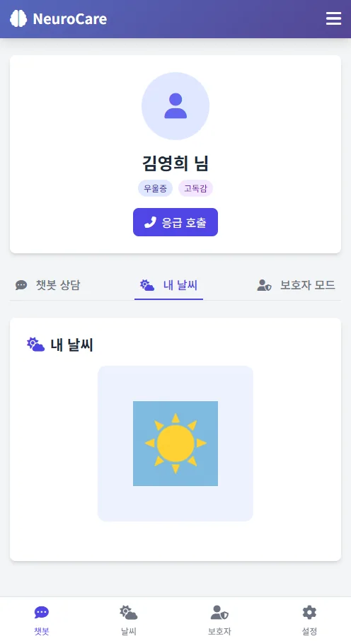 NeuroCare 내 날씨 화면: 심리 상태를 날씨 아이콘으로 표시