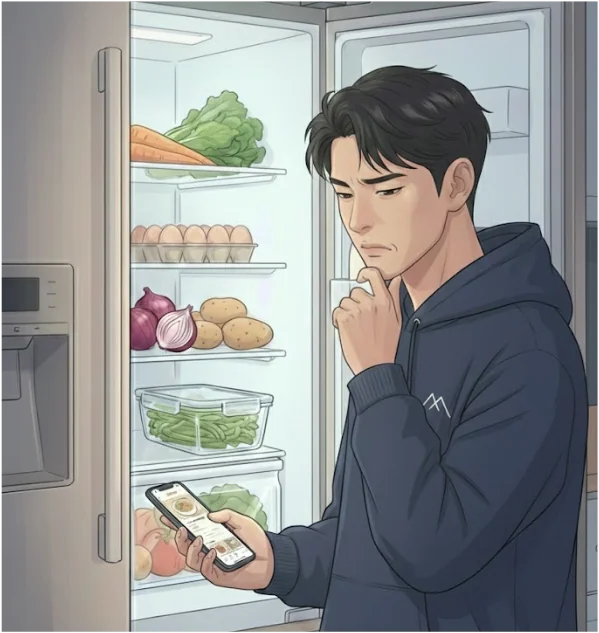 냉장고 앞에서 요리를 고민하는 자취생 일러스트